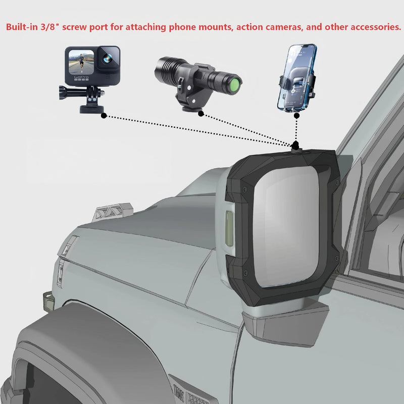 GWM Tank 300 Multi-Link Mirror Bracket: Rain Guard & Action Cam Mount Detail