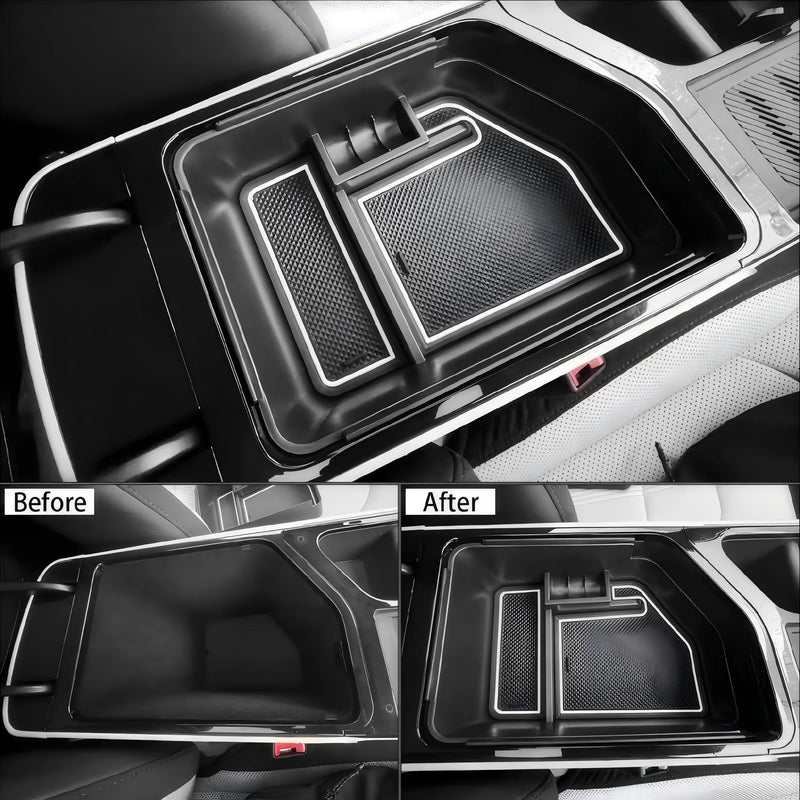Dual-Layer Center Console Organizer for Kia EV6 - Armrest Storage Tray with Anti-Slip Liners Detail
