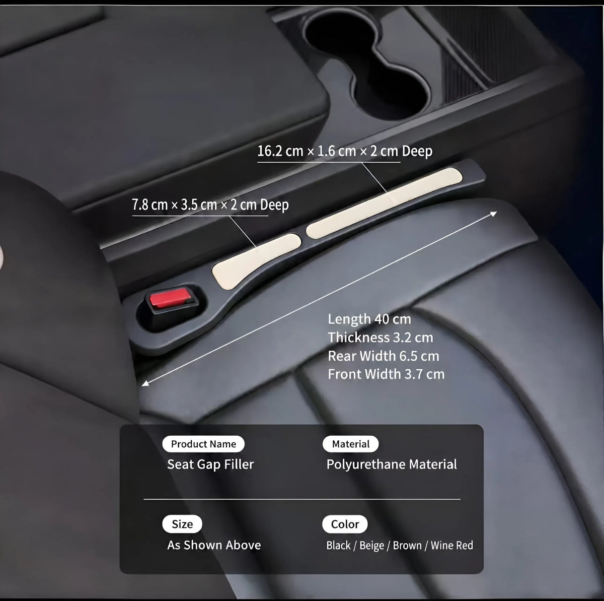 Car seat gap filler dimensions: 40 cm long, 3.2 cm thick and 3.7–6.5 cm wide