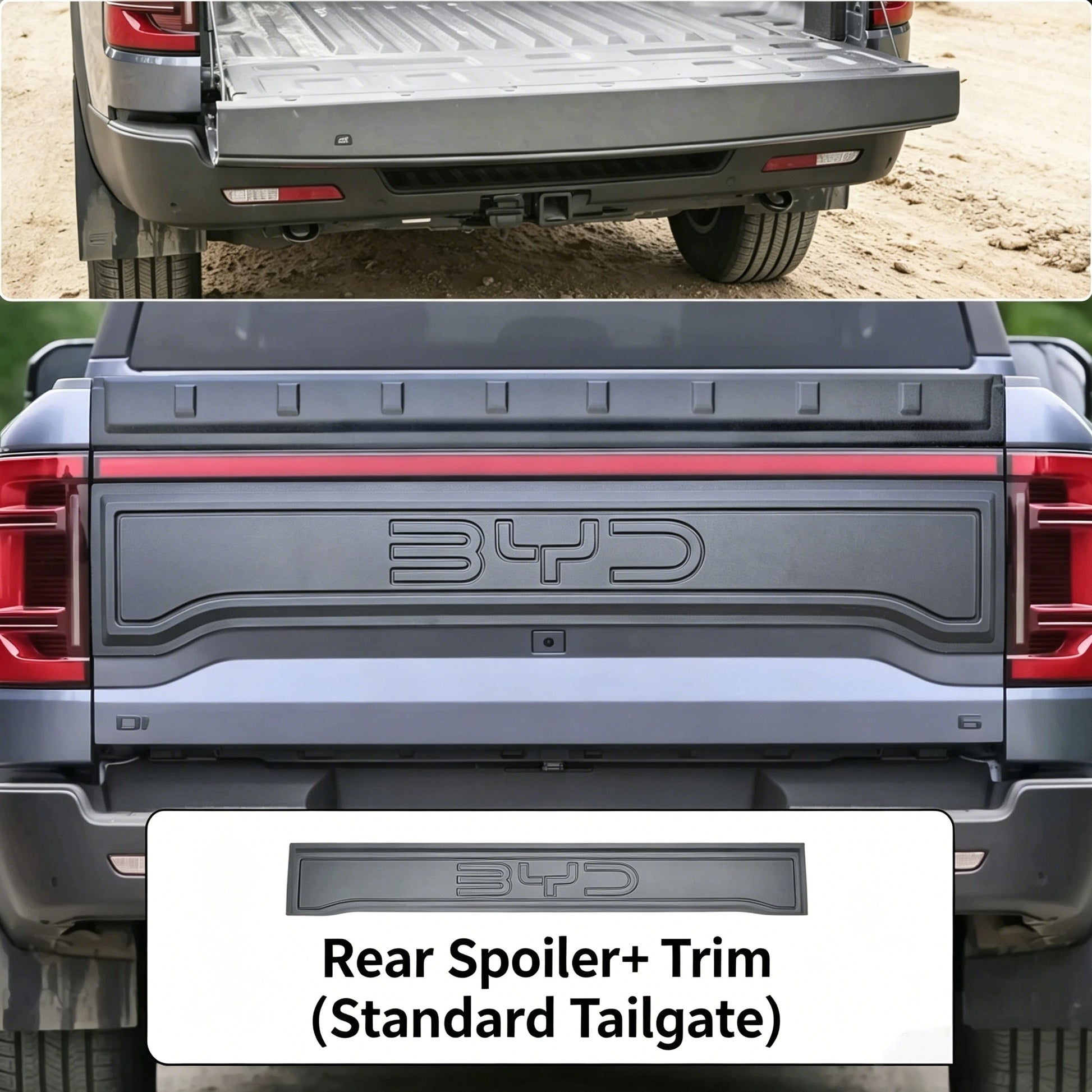 BYD Shark 6 Tailgate Trim & Spoiler, angled view