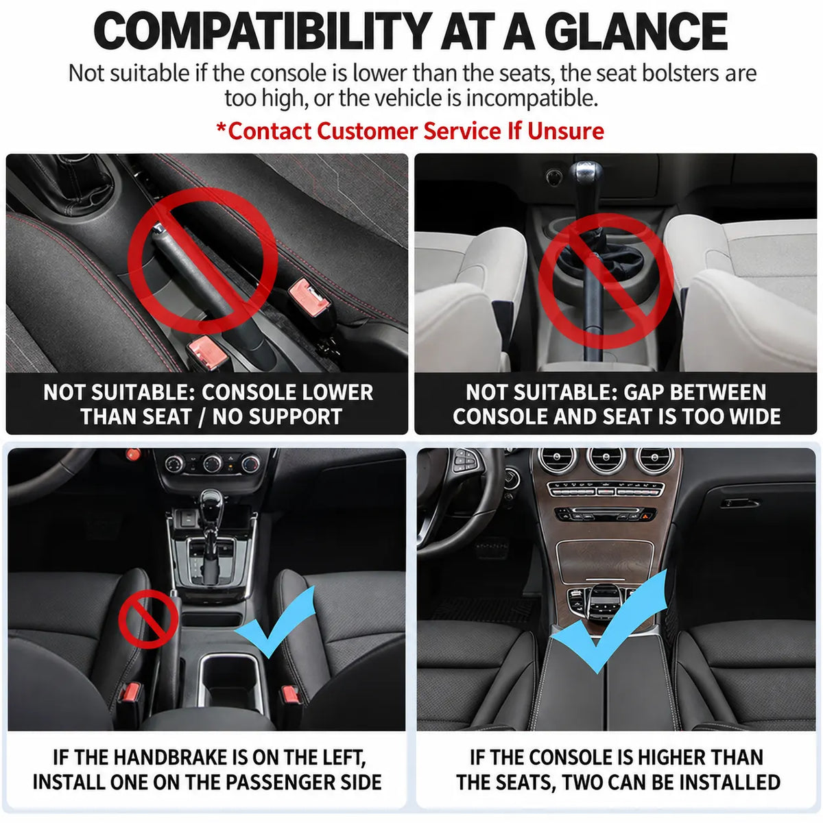 Car seat gap filler compatibility guide for console height, gap width and handbrake position