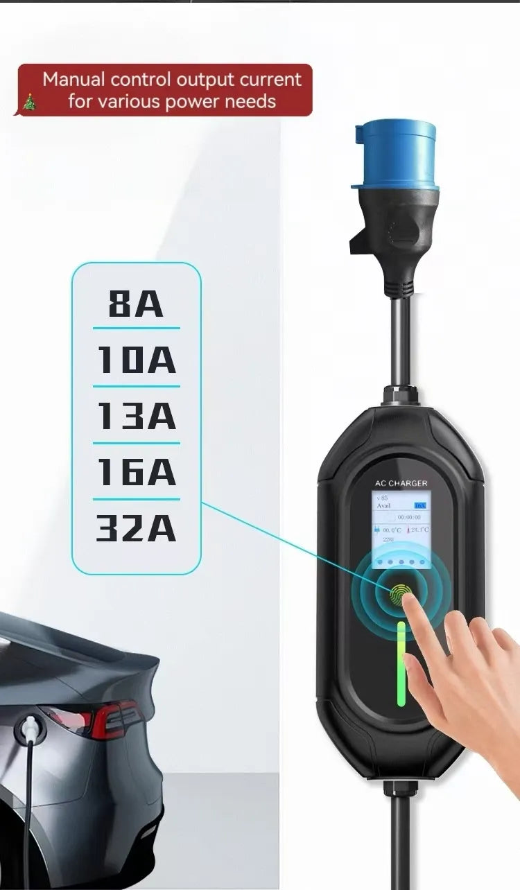 Portable Home EV Charger for New Energy Vehicles EU Standard 220V Screen Display with One Button Setting Detail