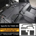 Tank 300 quick-release bracket kit with custom leather bed mats, showing installed view and full component set.