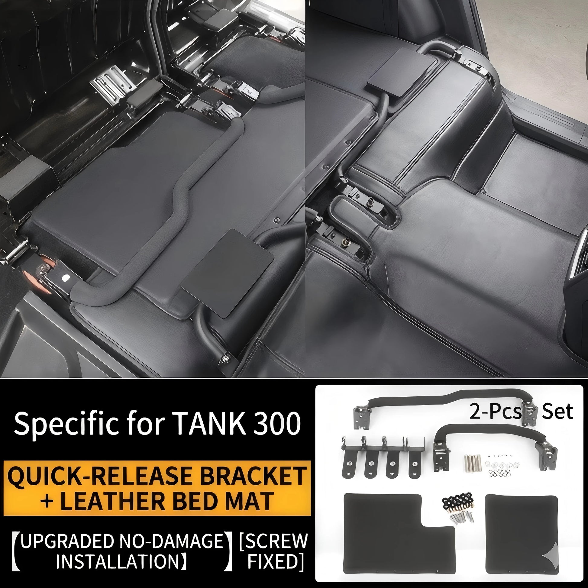 Tank 300 quick-release bracket kit with custom leather bed mats, showing installed view and full component set.