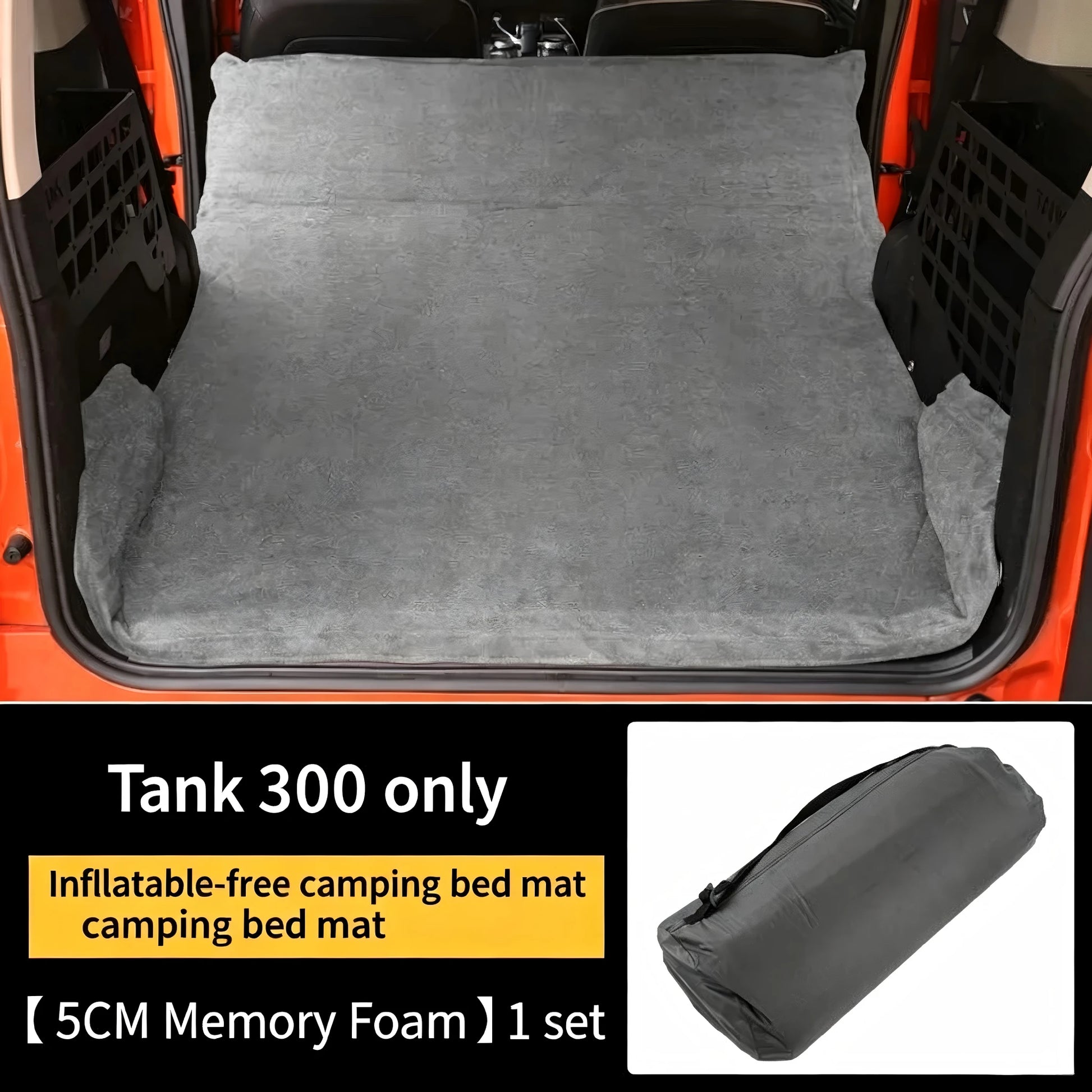 Tank 300 non-inflatable 5cm memory foam camping bed mat shown laid out in a vehicle trunk and rolled in its storage bag.