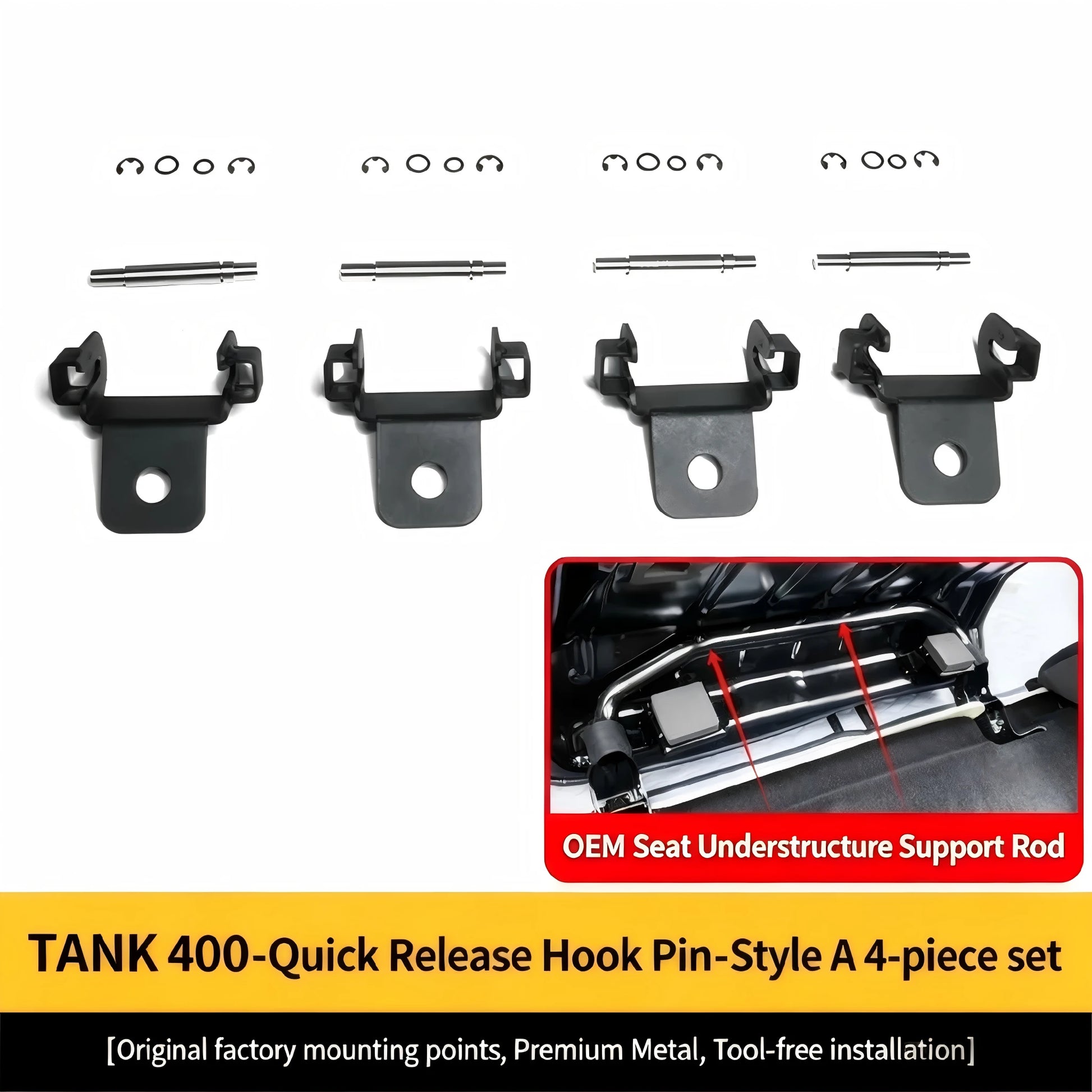 Tank 400 4-piece quick-release hook pin kit for seat understructure, including metal brackets, pins, and hardware.