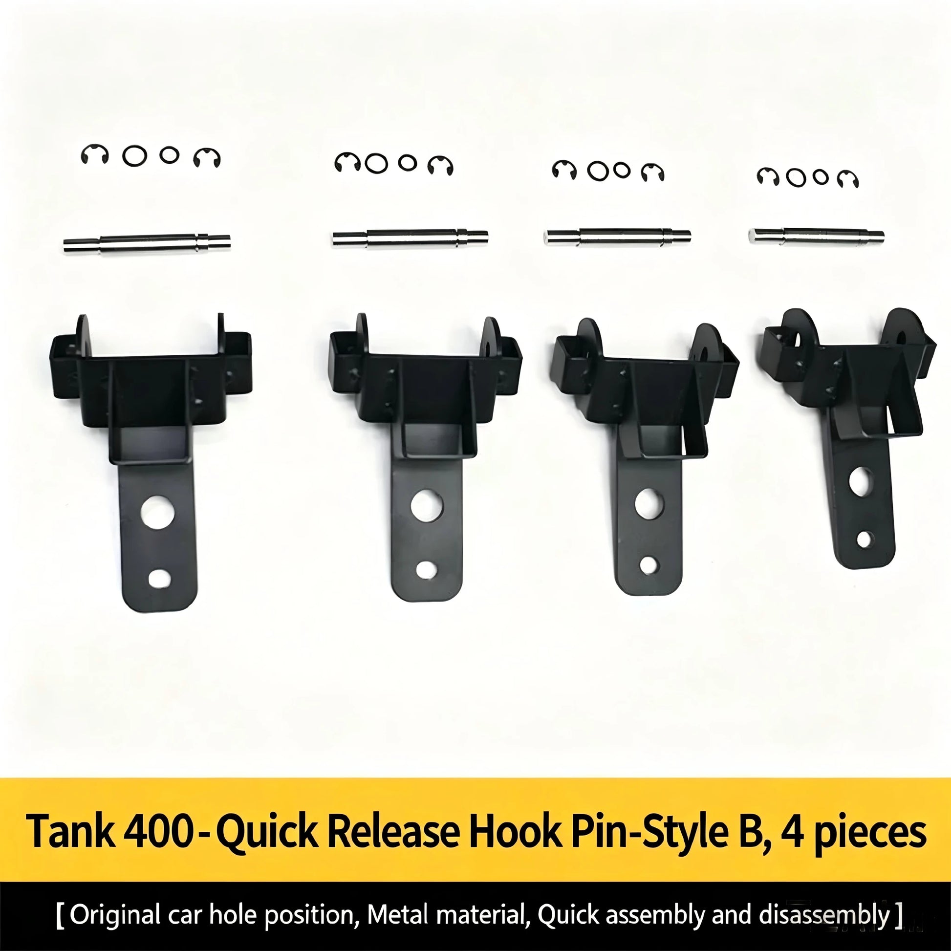 Tank 400 Style B quick-release hook pin 4-piece set, displaying metal brackets, pins, and circular clips on a white background.