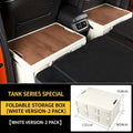 A 2-pack of white foldable storage boxes with wooden lids shown inside a vehicle, including a dimensioned product diagram.