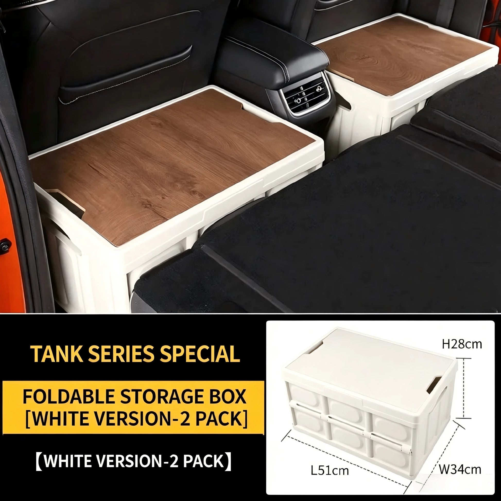 A 2-pack of white foldable storage boxes with wooden lids shown inside a vehicle, including a dimensioned product diagram.