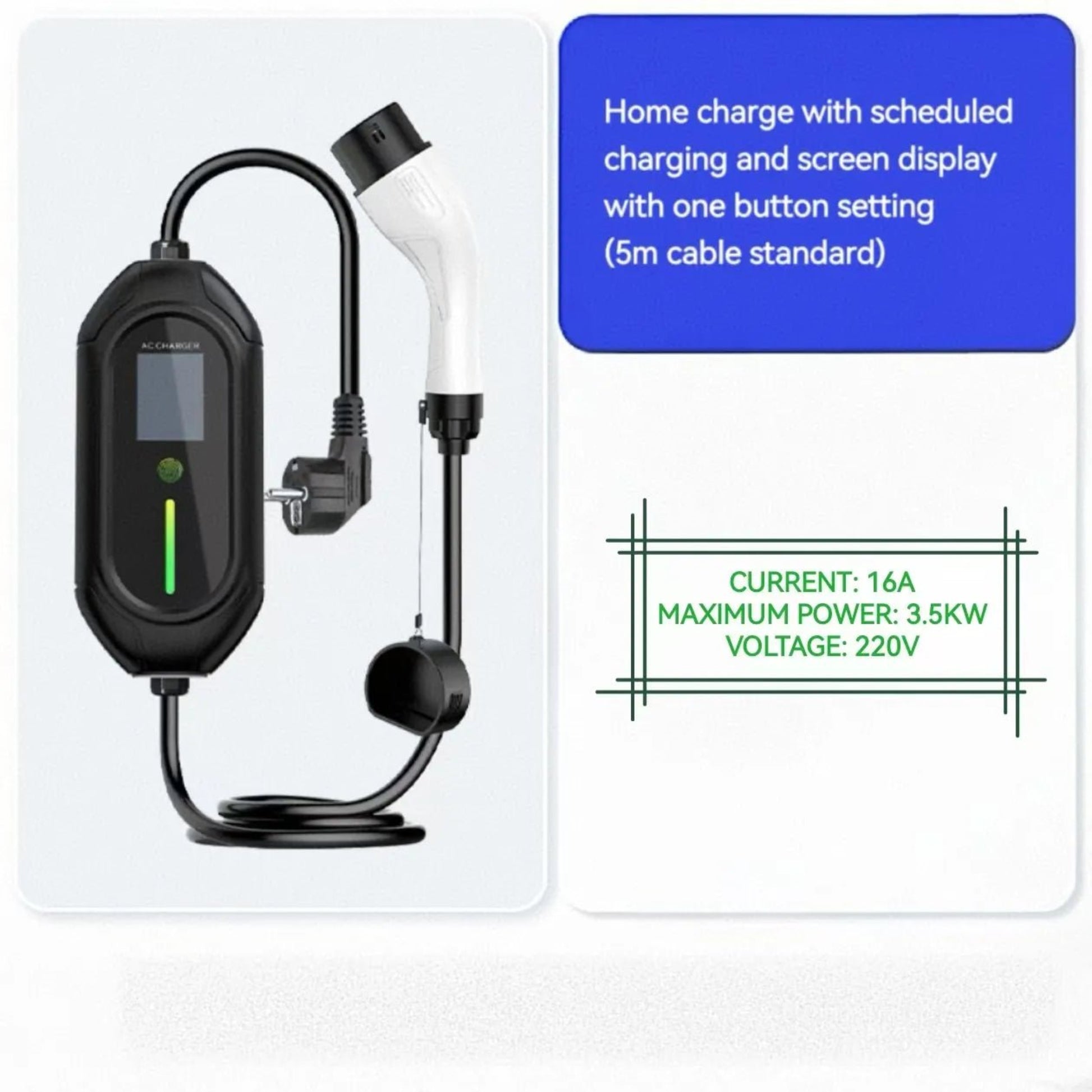 Portable Home EV Charger for New Energy Vehicles EU Standard 220V Screen Display with One Button Setting (Portable EV Charger) DL - EU002 - 1 Standard (5 meters)