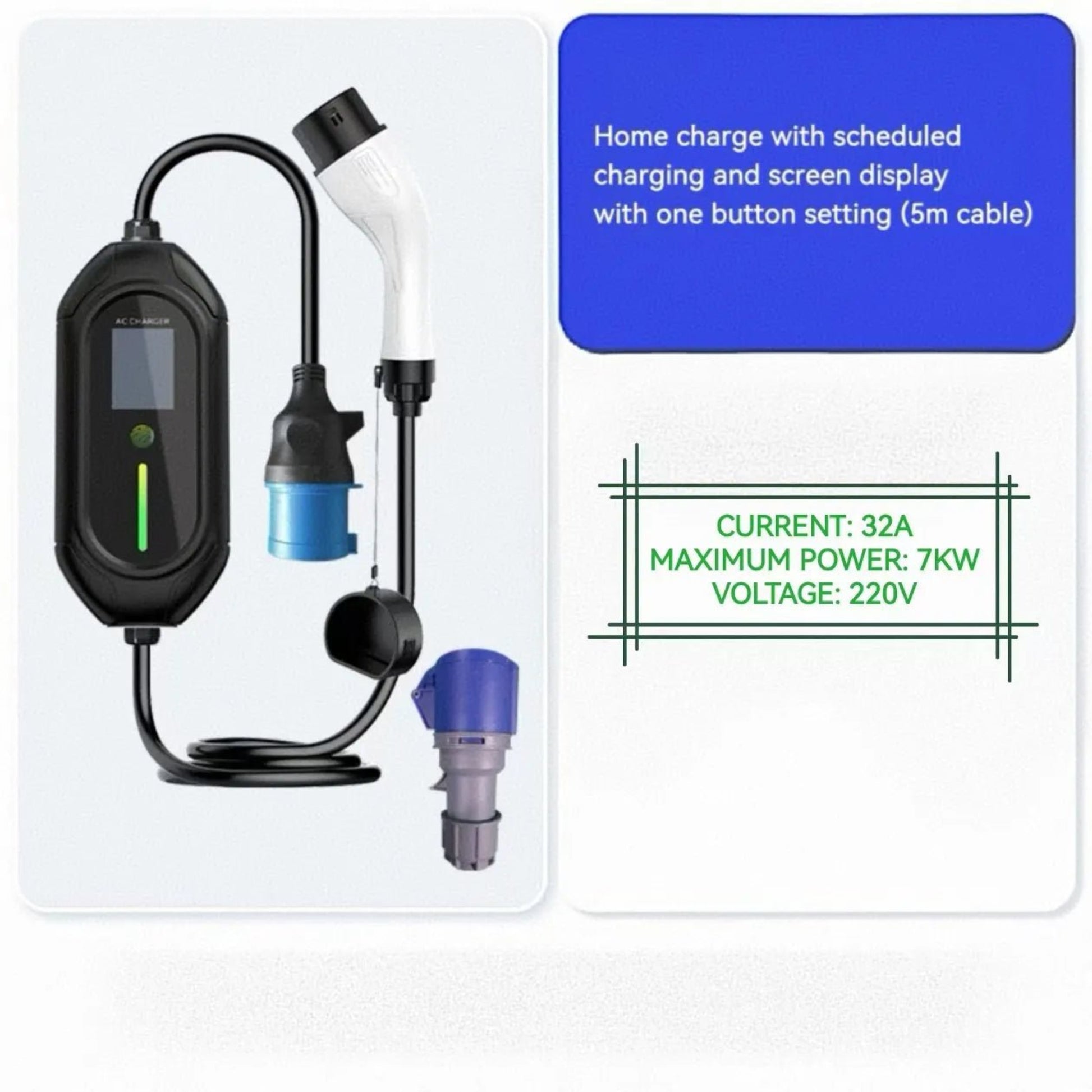 Portable Home EV Charger for New Energy Vehicles EU Standard 220V Screen Display with One Button Setting (Portable EV Charger) DL - EU002 - 2 Standard (5 meters)