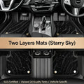 Two-layer car floor mats with a black starry sky pattern installed in a vehicle interior.