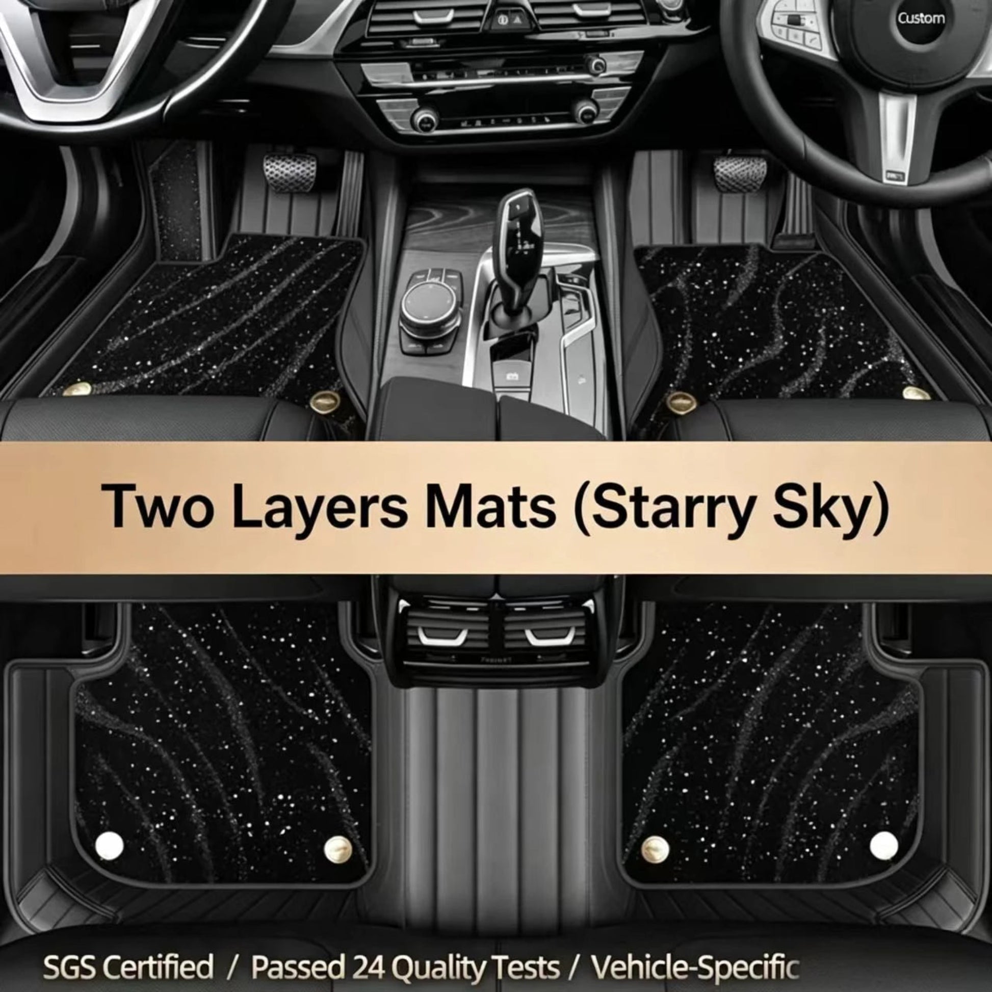 Two-layer car floor mats with a black starry sky pattern installed in a vehicle interior.